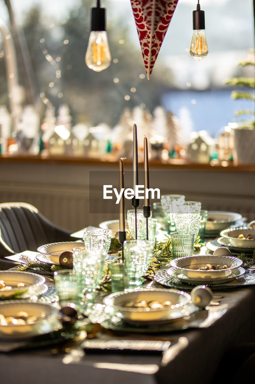 High angle view of wineglasses on table