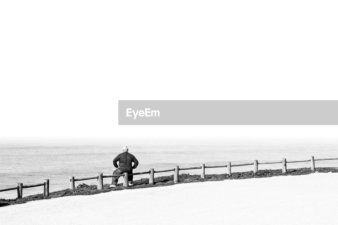 Rear view of man standing by lake against clear sky