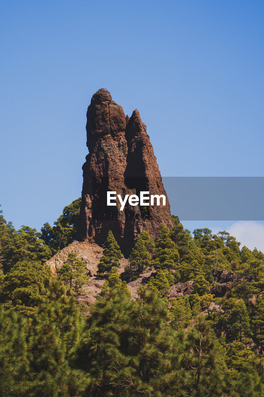 sky, rock, mountain, plant, nature, tree, scenics - nature, travel destinations, land, travel, landscape, clear sky, beauty in nature, environment, no people, blue, rock formation, wilderness, non-urban scene, tourism, outdoors, tranquility, sunny, day, low angle view, tranquil scene, terrain, forest, mountain range, pinaceae, coniferous tree, architecture, park, history, cliff, pine tree, natural environment, geology, valley