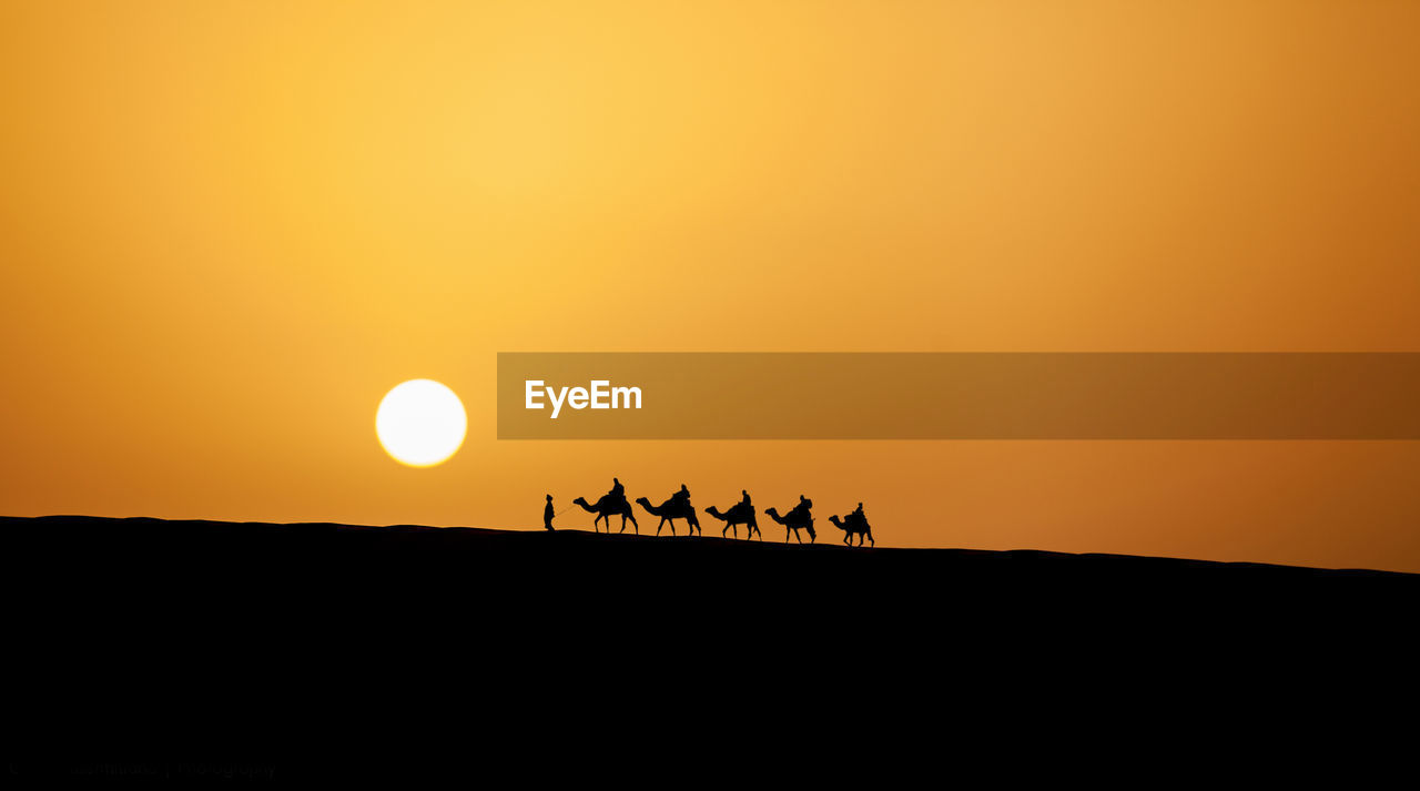 Low angle view of people riding camels at desert against clear orange sky