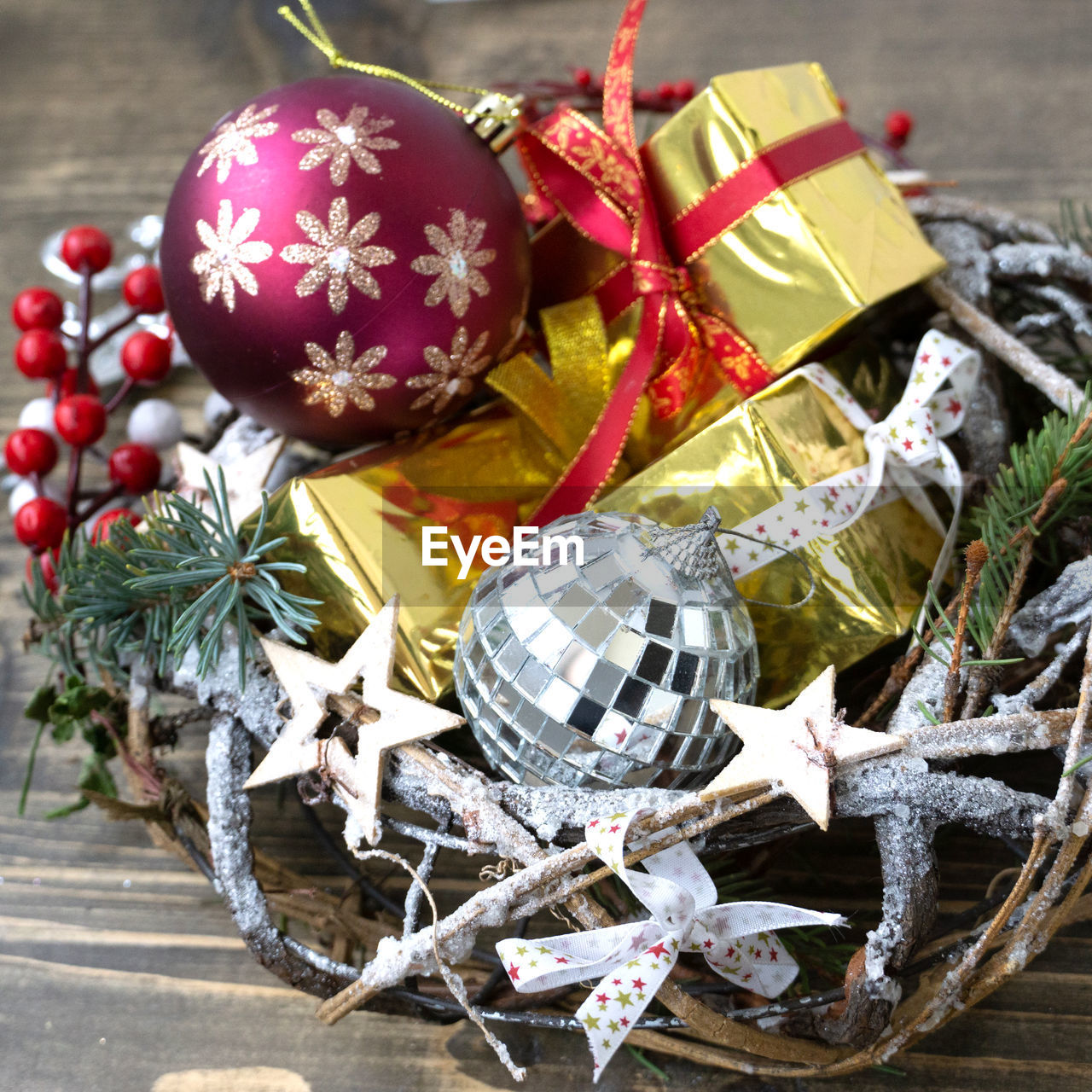 Close-up of christmas decorations on table