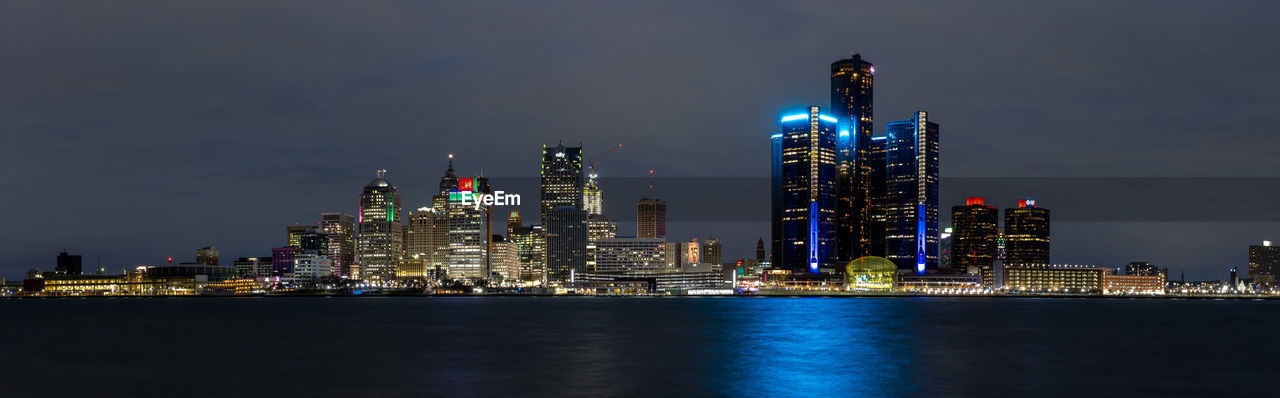 Detroit skyline at dusk viewed from windsor on.