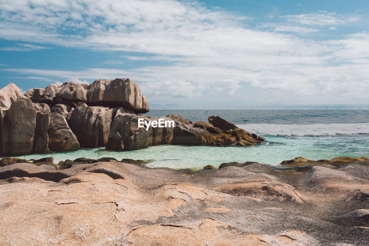 ROCK FORMATIONS ON SHORE AGAINST SKY