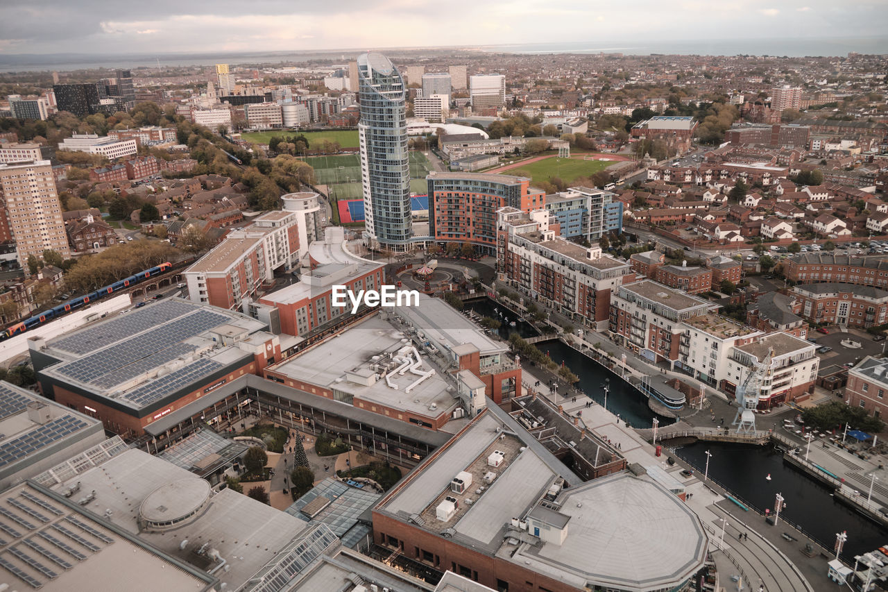 Portsmouth, united kingdom - aerial view of gunwharf keys designer outlet and the city centre