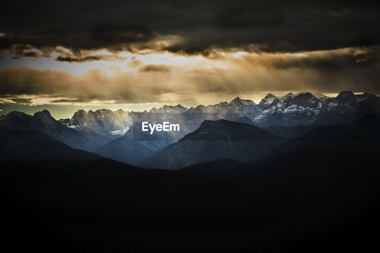 Dramatic clouds over peaks of karwendel range at dusk