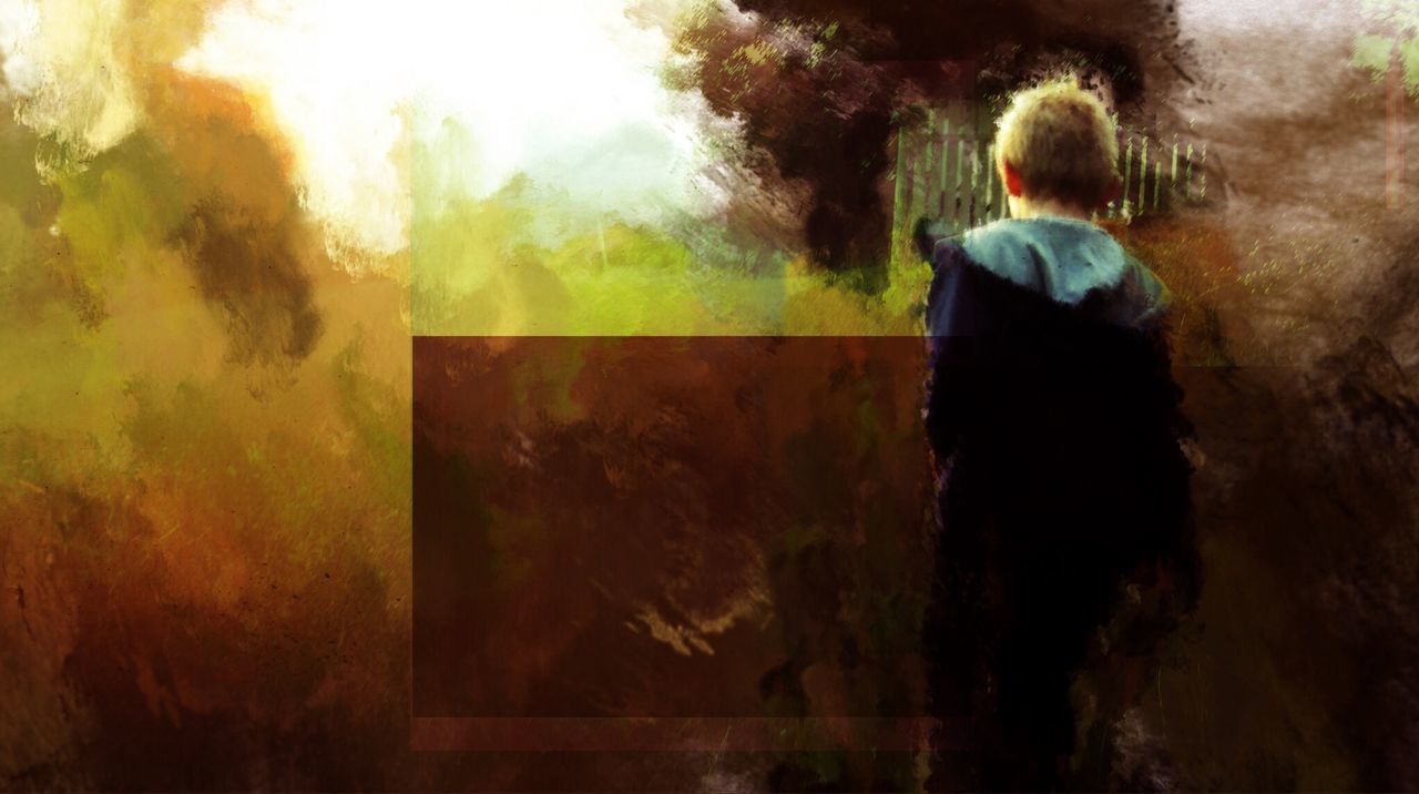 Digital composite of boy walking in park