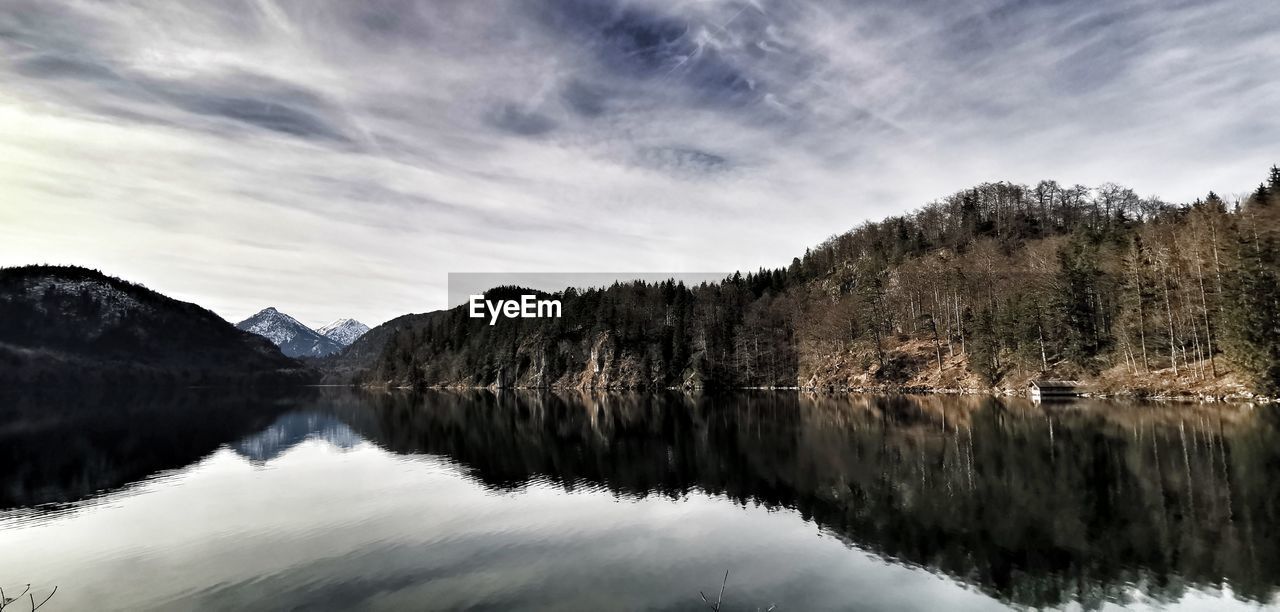 Scenic view of lake by trees against sky