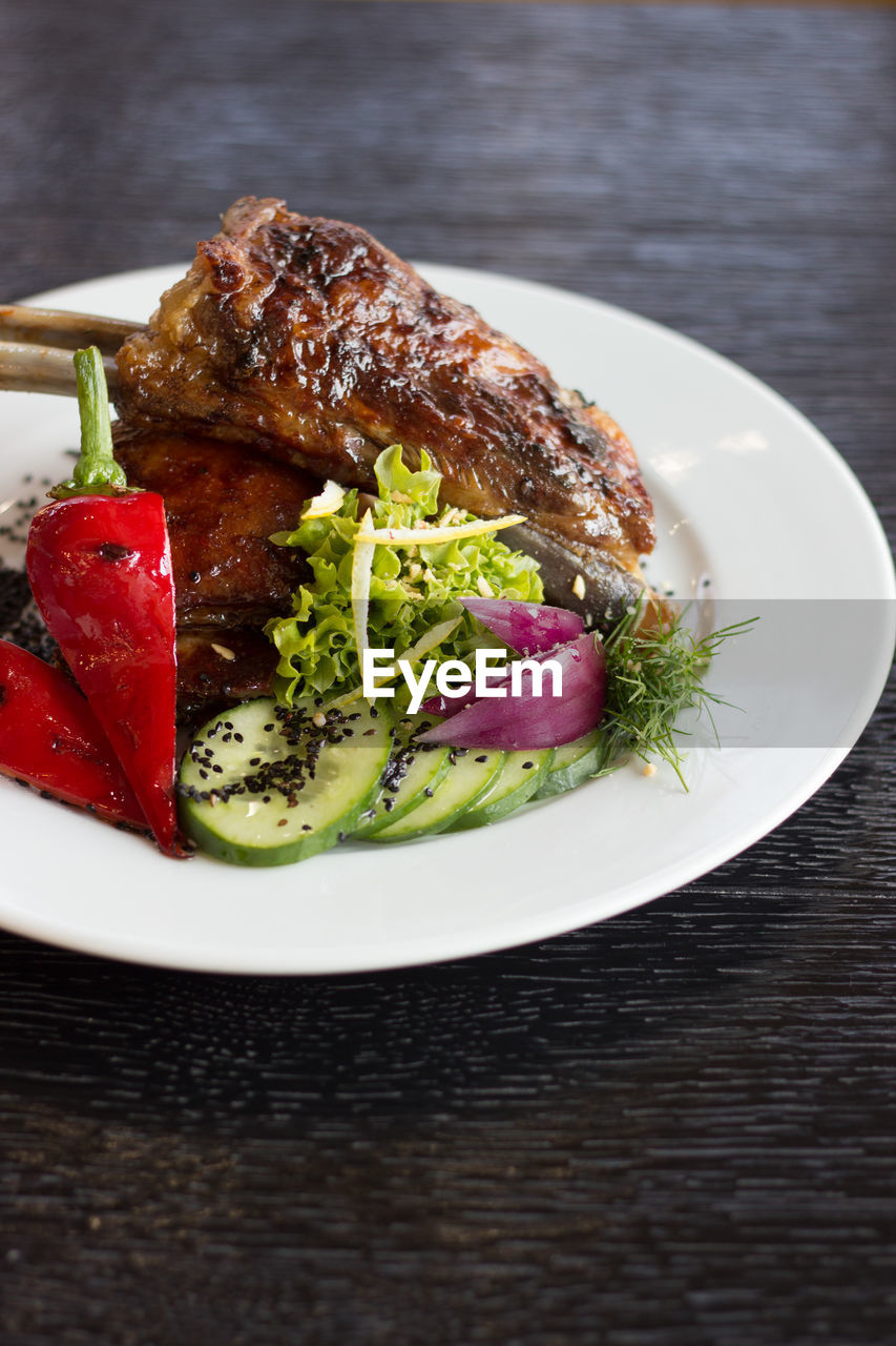 Close-up of food in plate on table