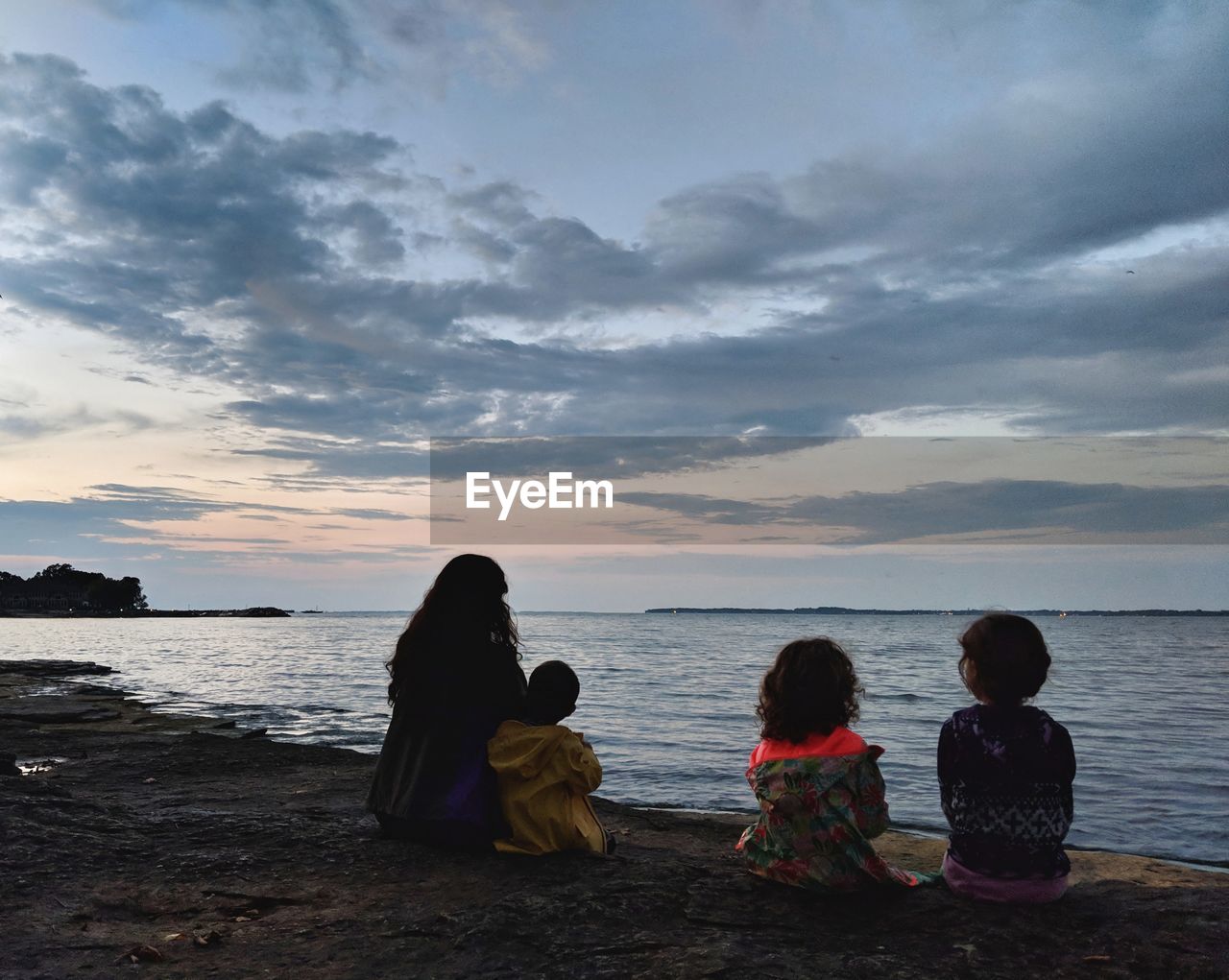 Rear view of people sitting at beach