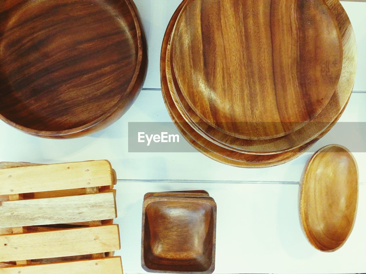 High angle view of wooden utensils on table