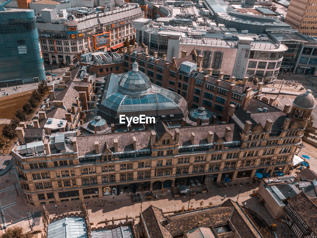 Aerial drone shot of the corn exchange building in manchester