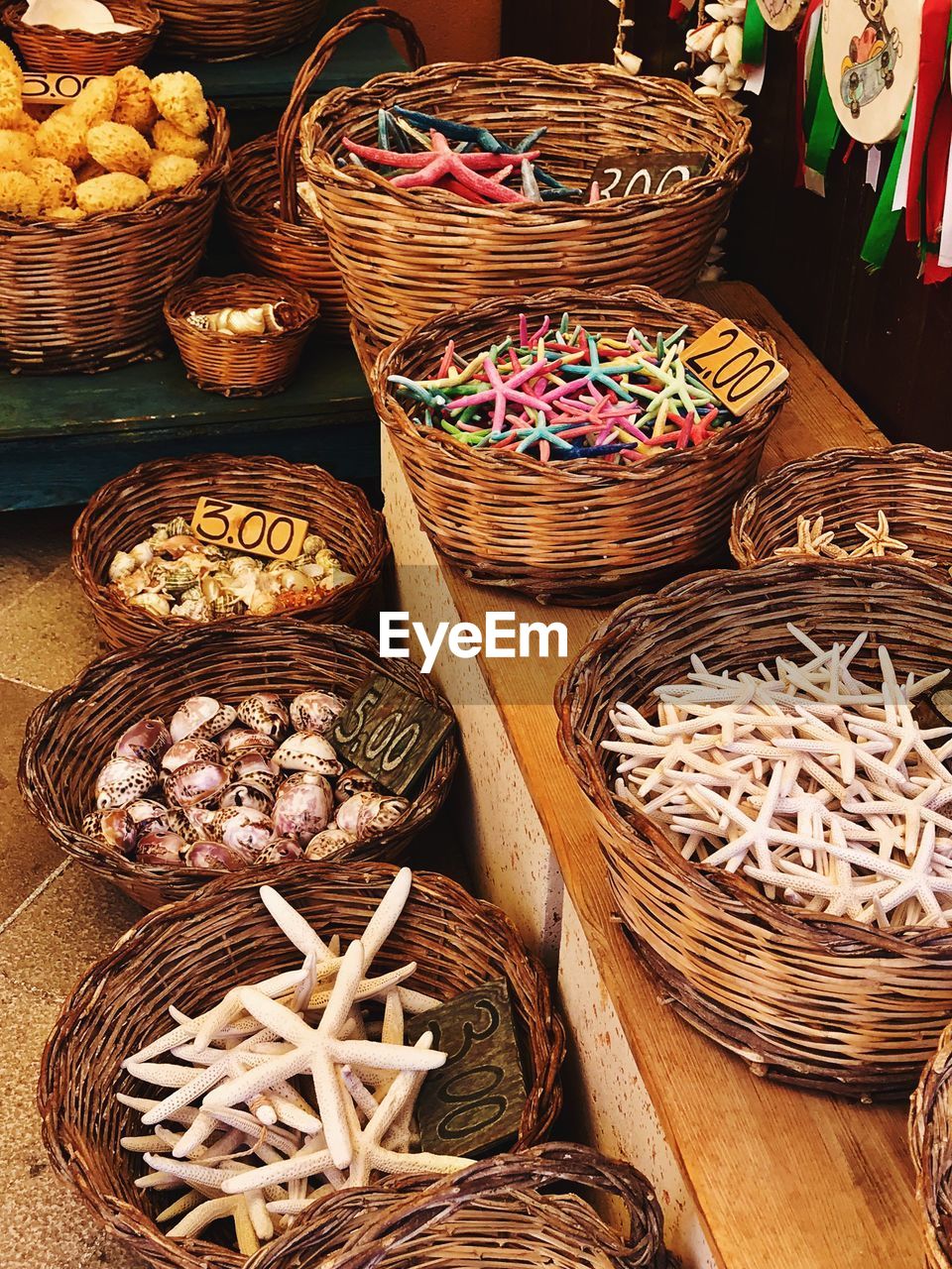 High angle view of seafood in baskets for sale