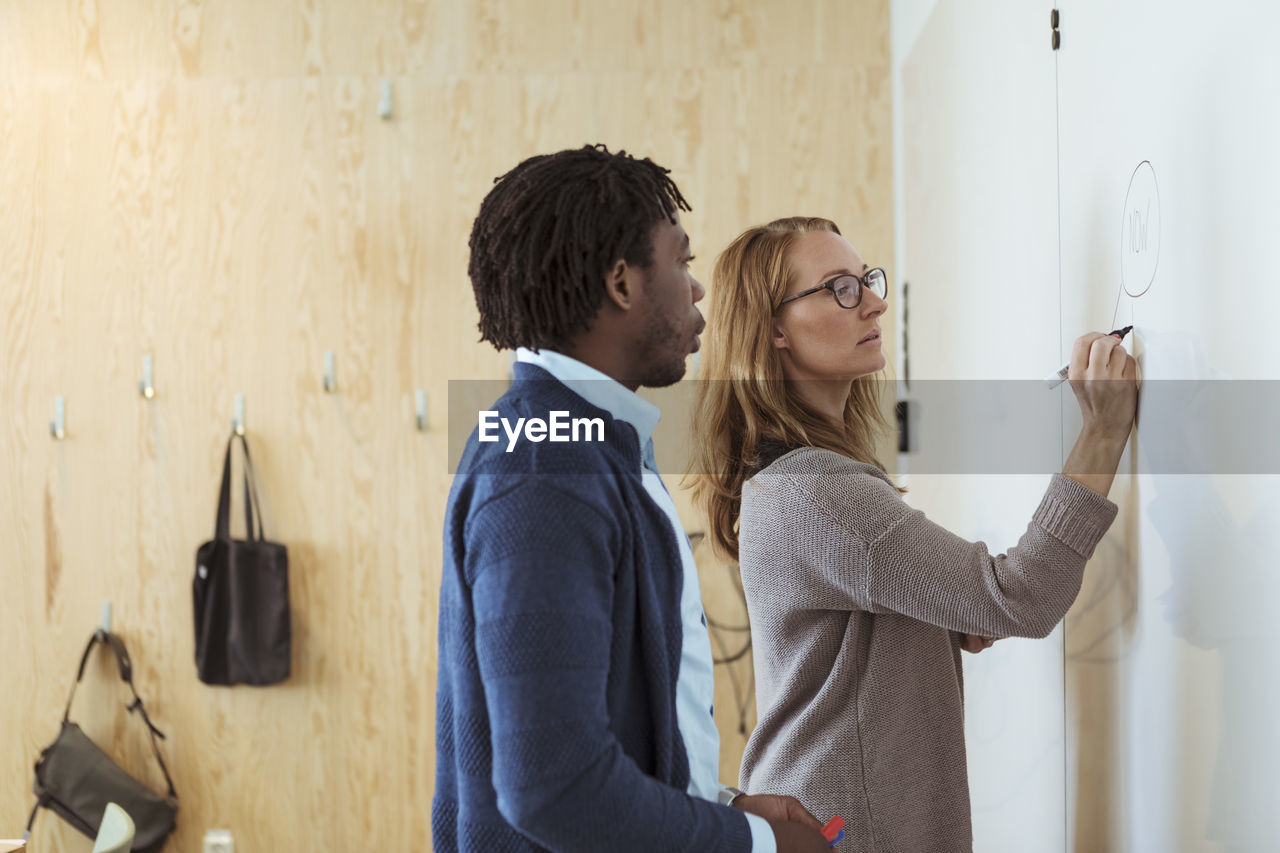 Male and female colleagues writing business plan on whiteboard in office