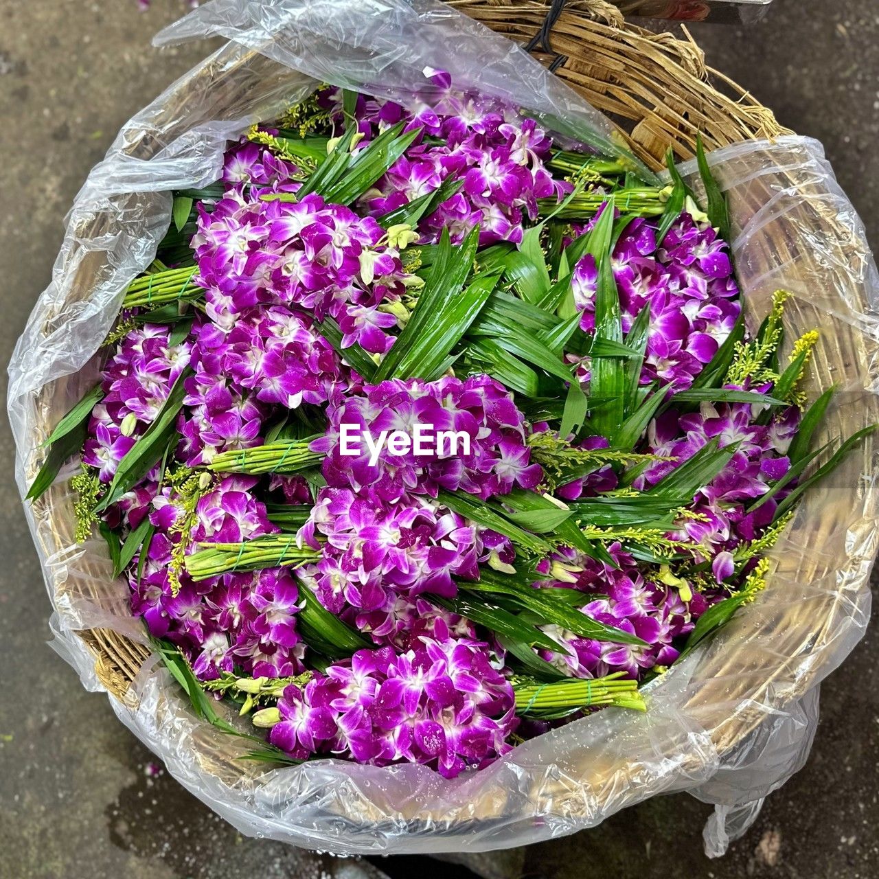 basket, flower, freshness, container, high angle view, flowering plant, purple, floristry, food, food and drink, wellbeing, wicker, bouquet, healthy eating, plant, vegetable, no people, lilac, lavender, still life, floral design, directly above, nature, for sale, close-up, day, large group of objects, retail