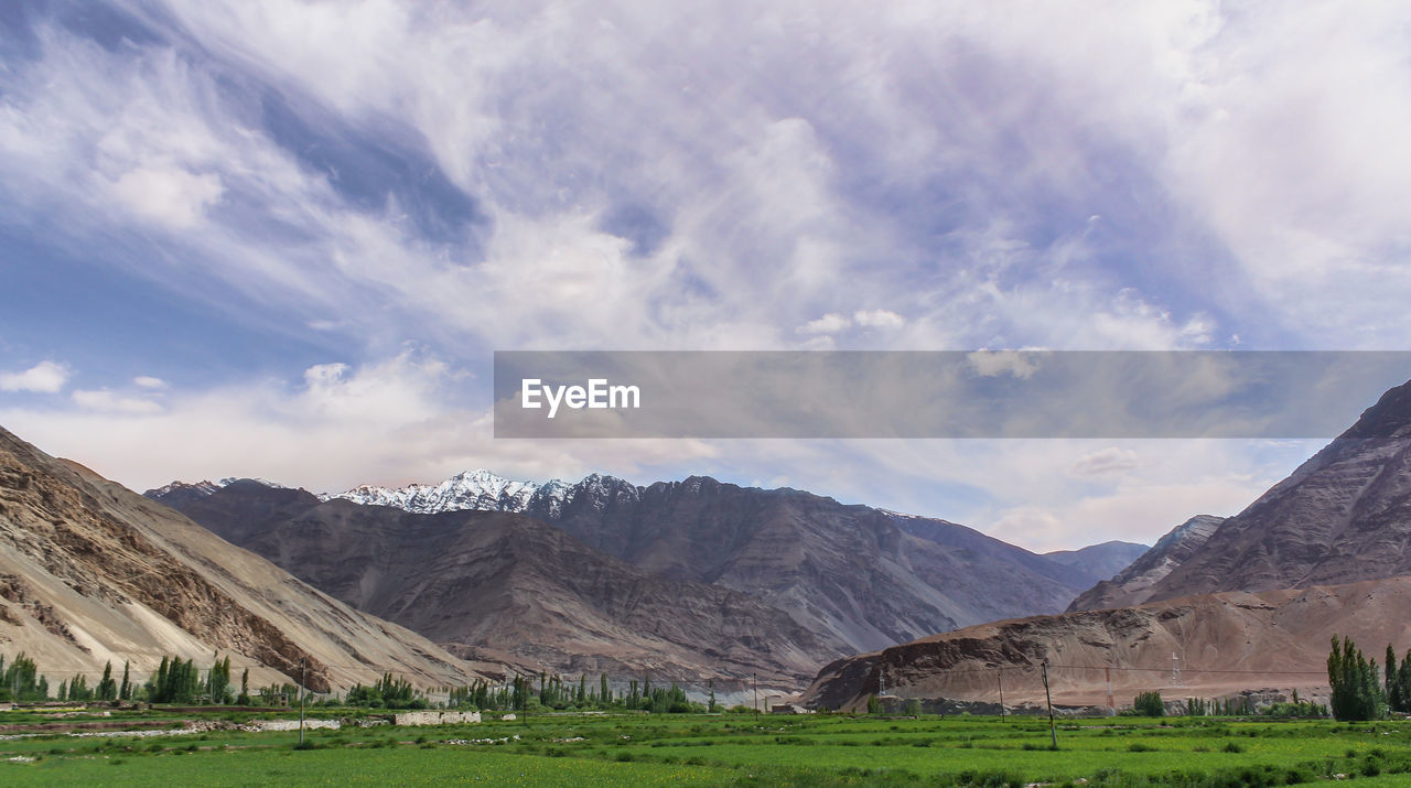 Scenic view of landscape and mountains against sky
