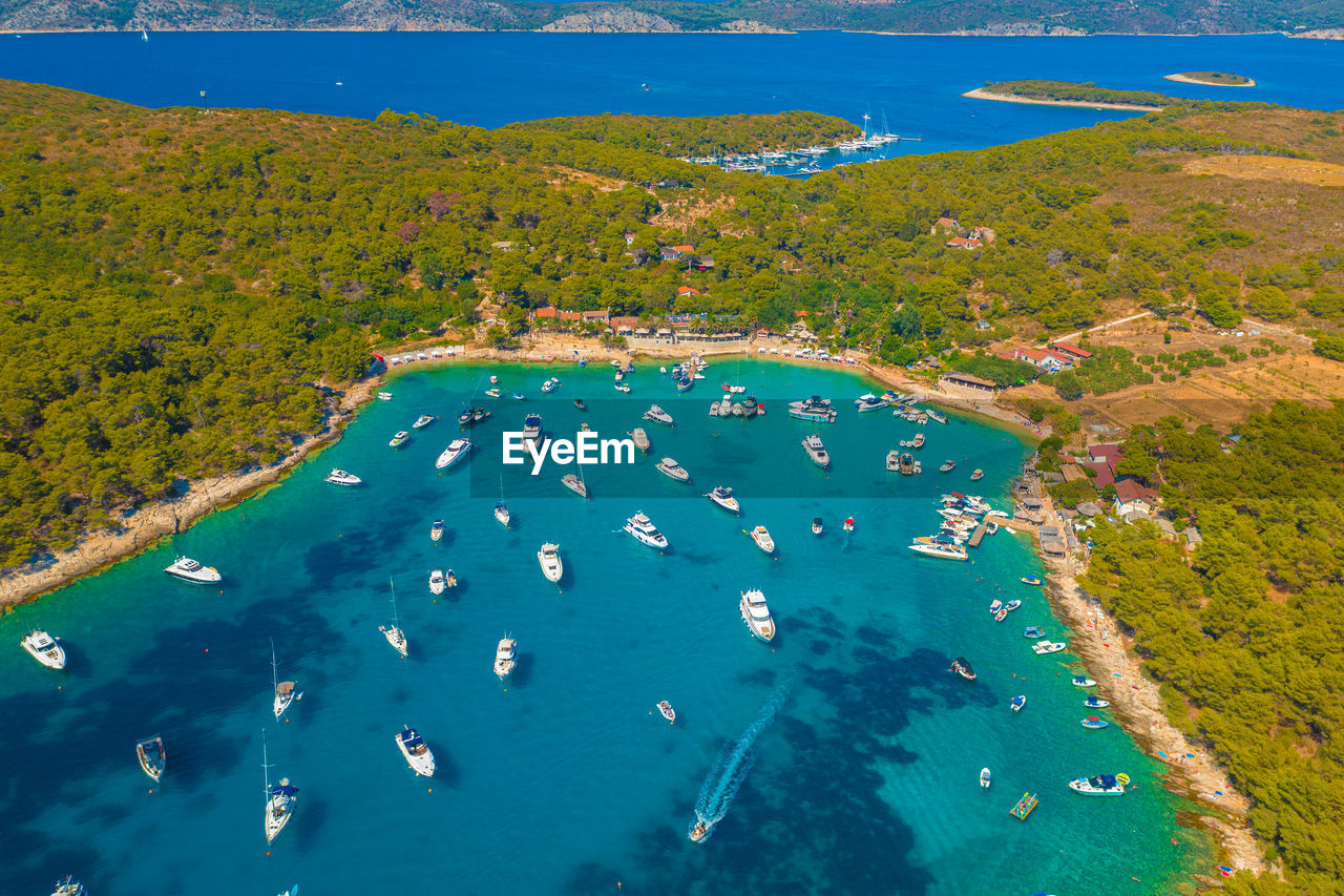 Aerial view of the bay with boats, paklinski otoci islands in hvar, adriatic sea in croatia