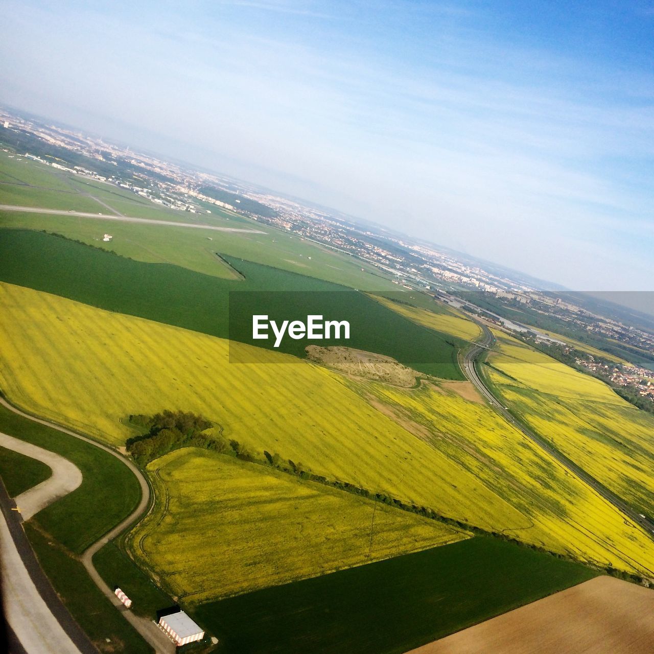 High angle view of agricultural field against sky