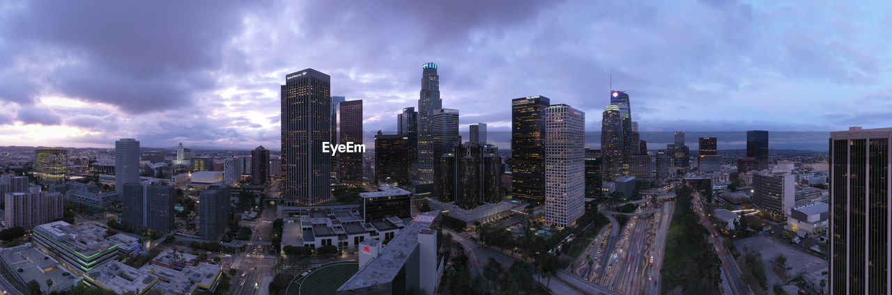 Aerial over downtown los angeles at dawn