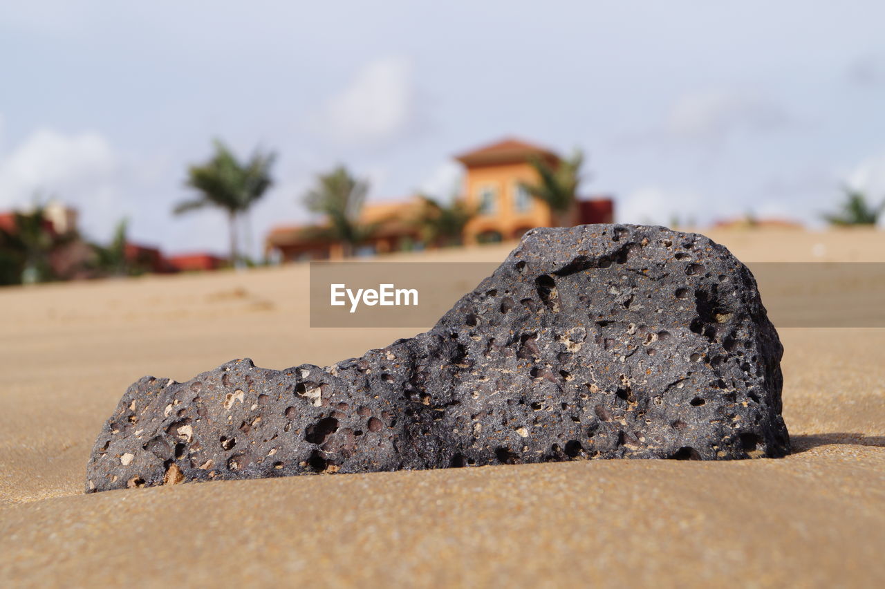 Close-up of rock on sand against sky