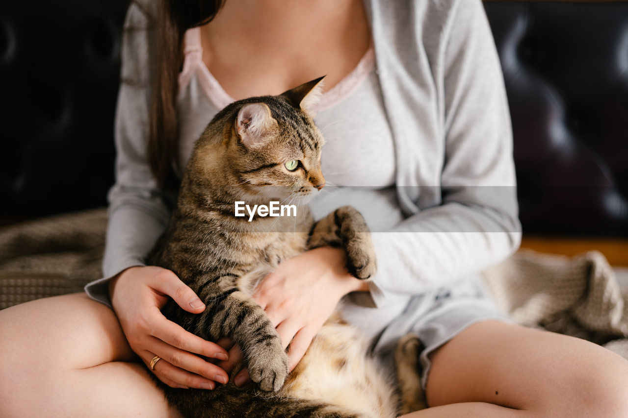 MIDSECTION OF WOMAN HOLDING CAT AT HOME
