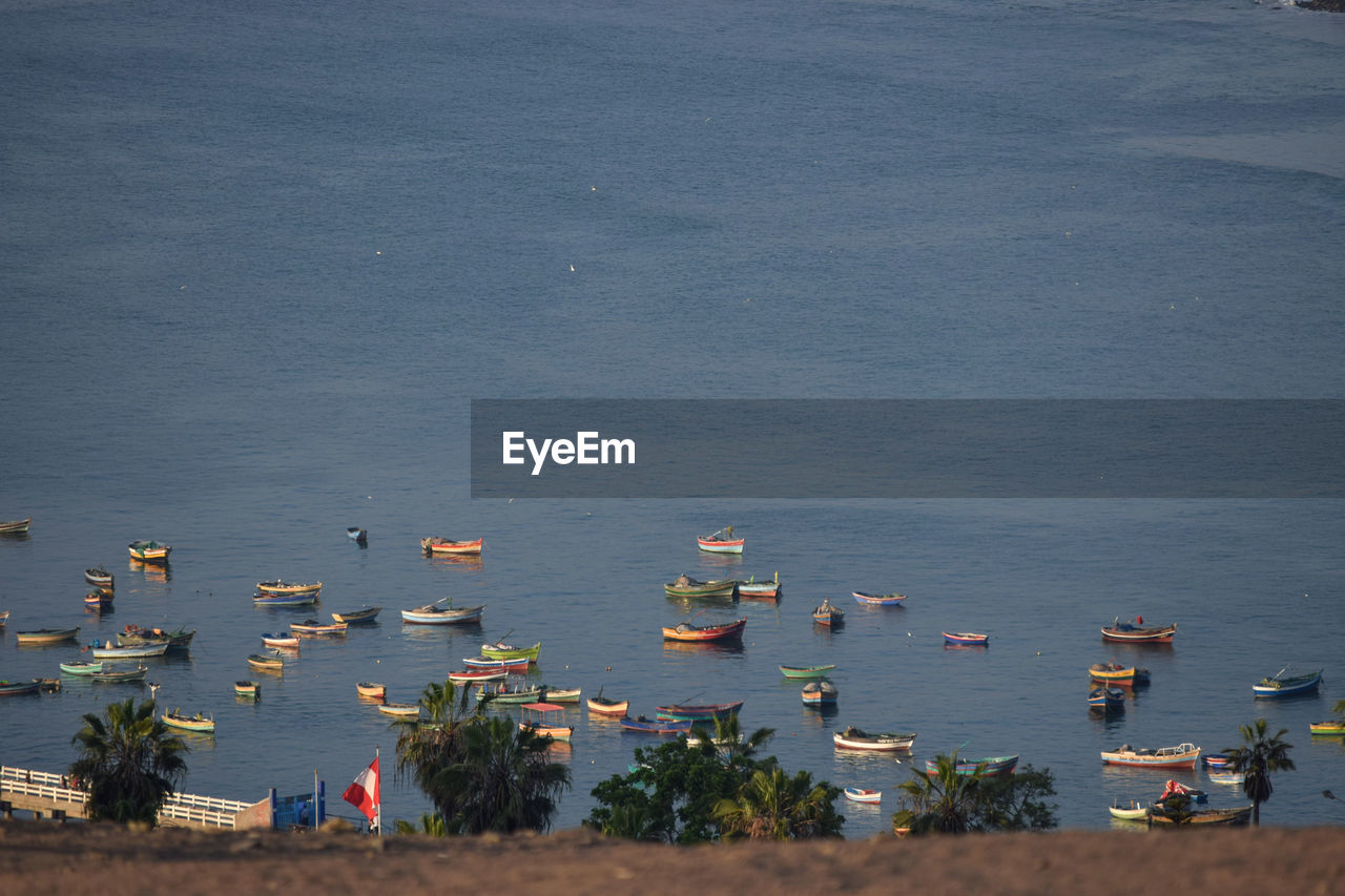 High angle view of sailboats in sea