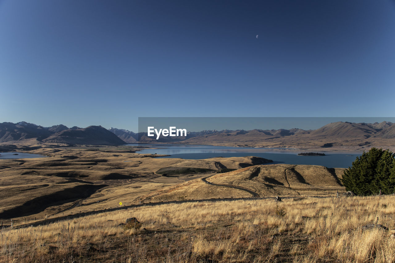 Scenic view of landscape against clear blue sky