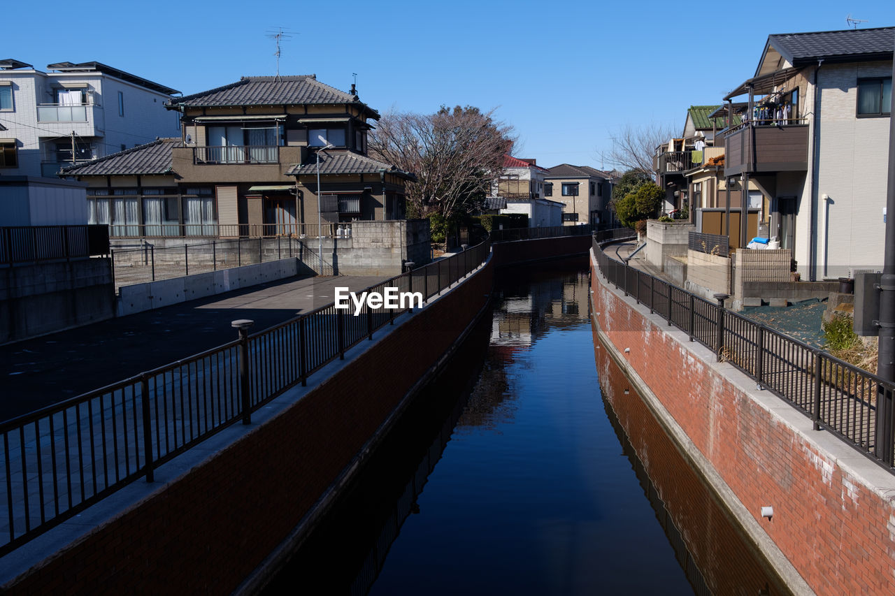 Houses by trees against clear sky