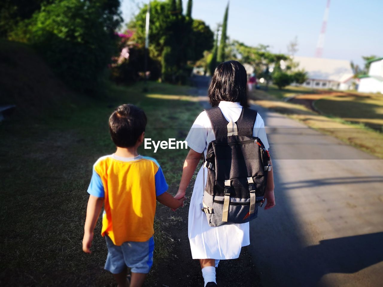 Rear view of siblings walking on road