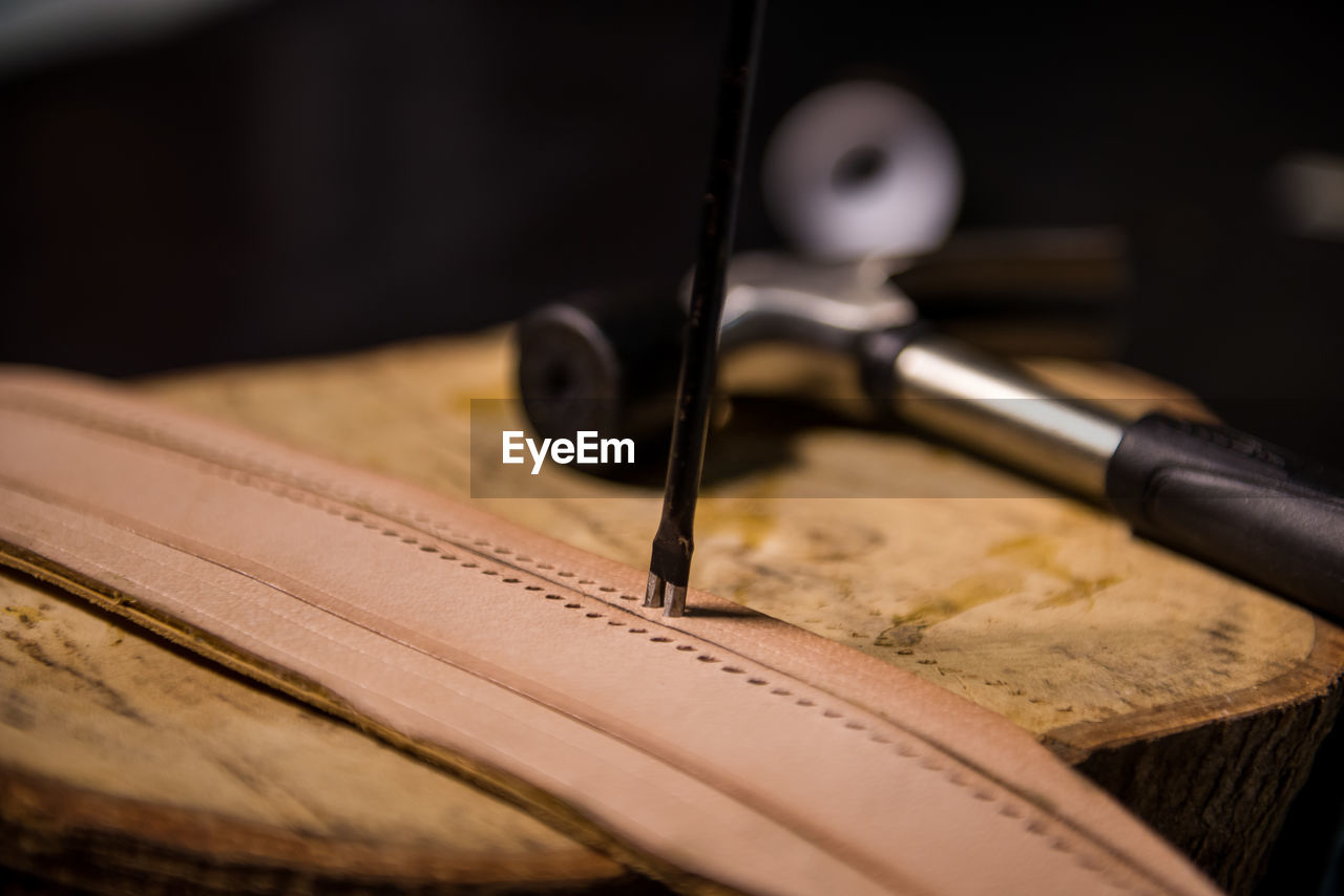 Close-up of equipment on wood