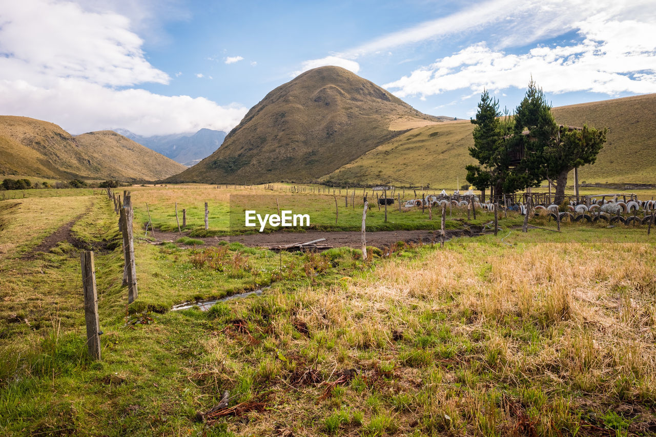 SCENIC VIEW OF FIELD AGAINST MOUNTAIN RANGE