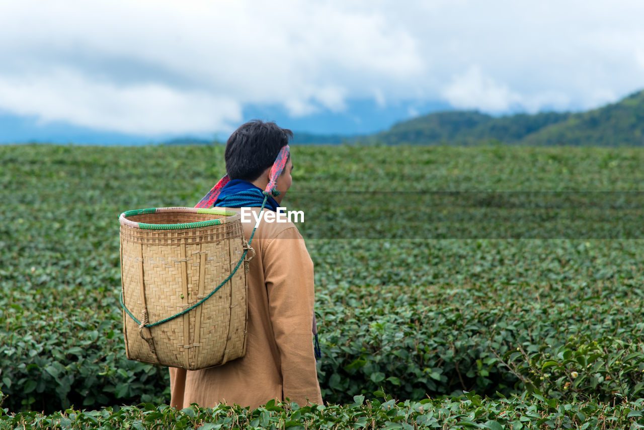 REAR VIEW OF MAN IN FIELD