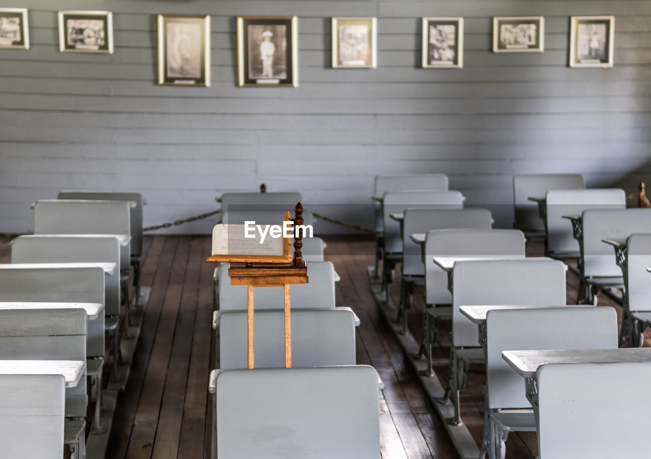 Interior of empty seats in classroom