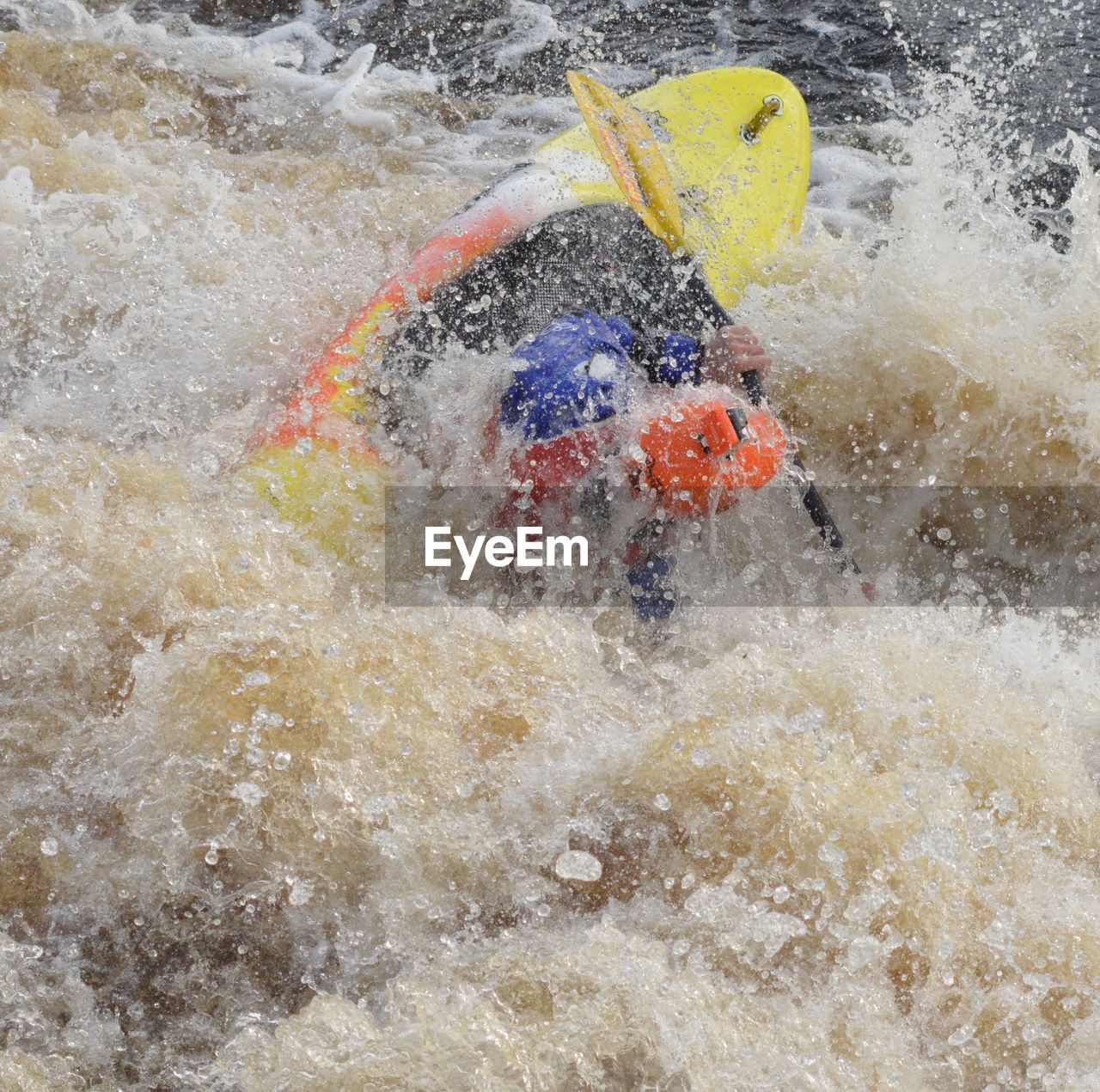 High angle view of man kayaking on river