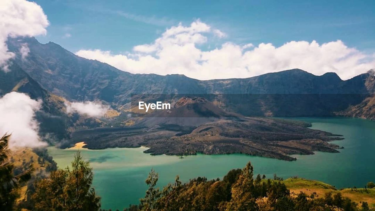 Scenic view of lake and mountains against sky