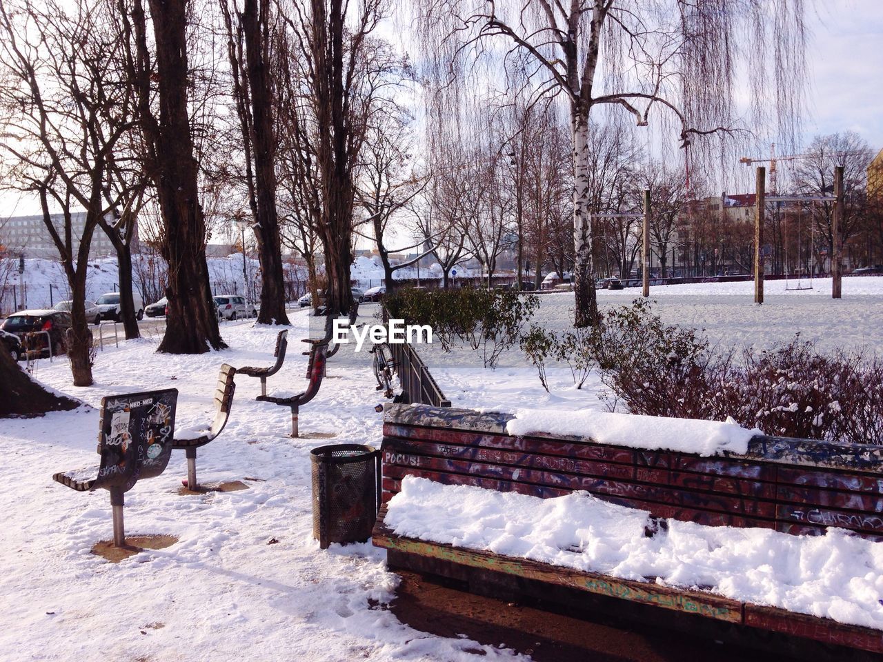 Trees at snow covered park against sky