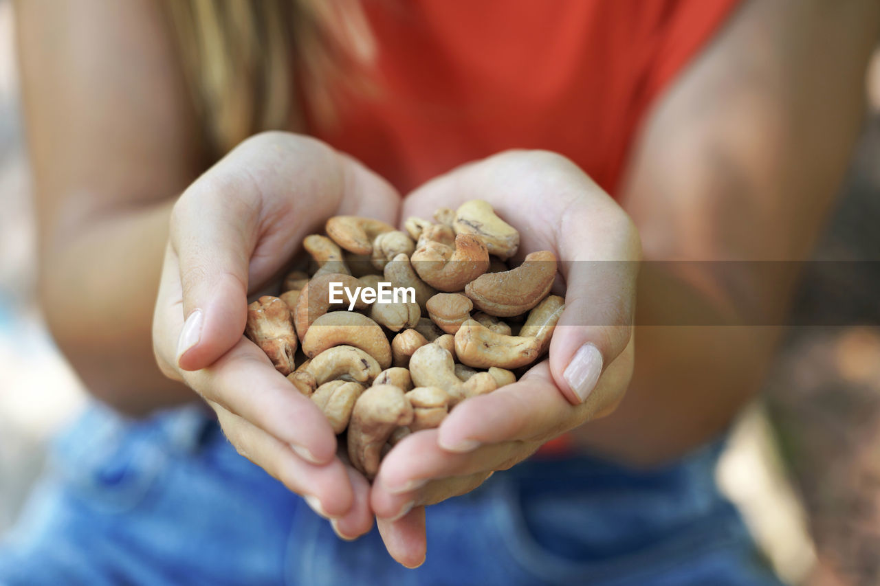 Cashew nuts. close-up of female hands holding cashew nuts.