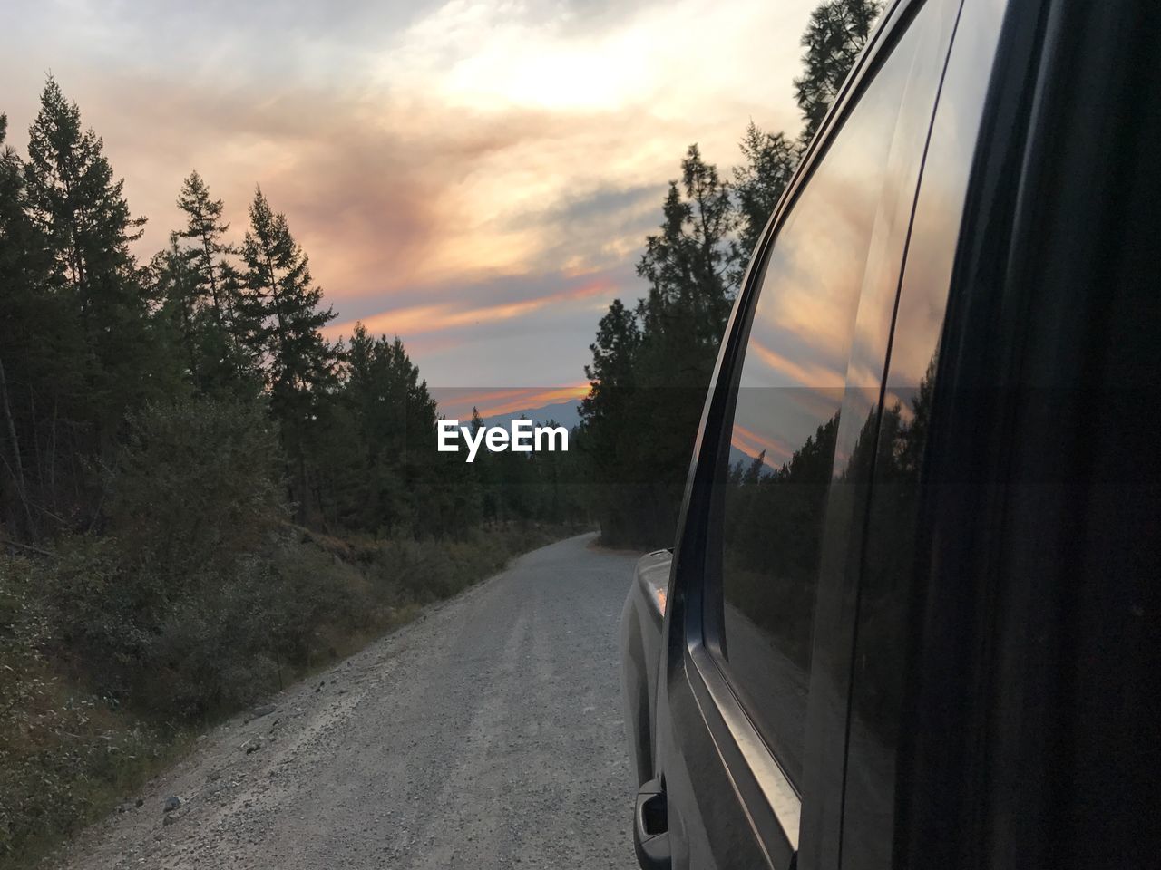 Road amidst trees against sky during sunset