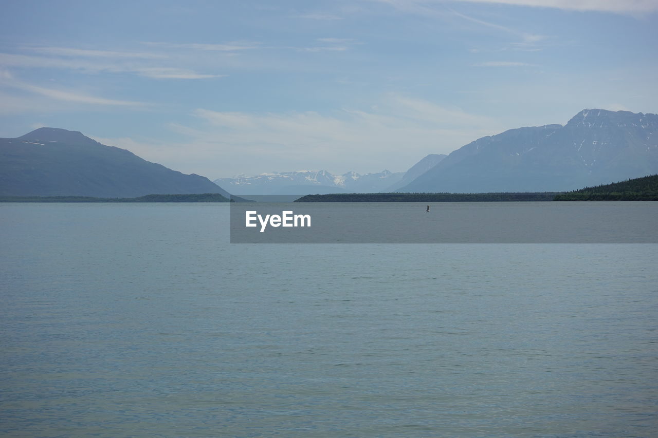 Scenic view of sea and mountains against sky