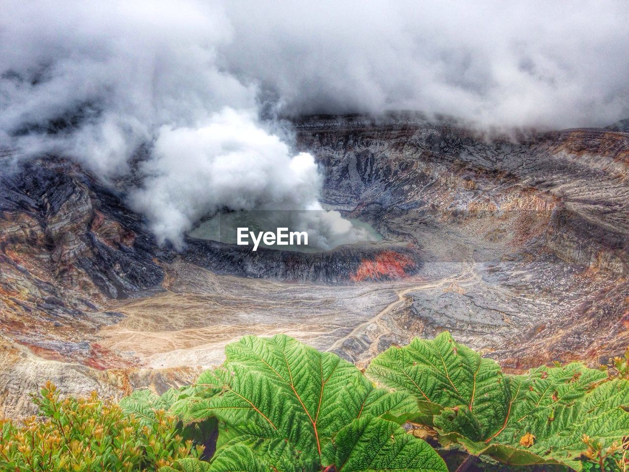 High angle view of active volcano