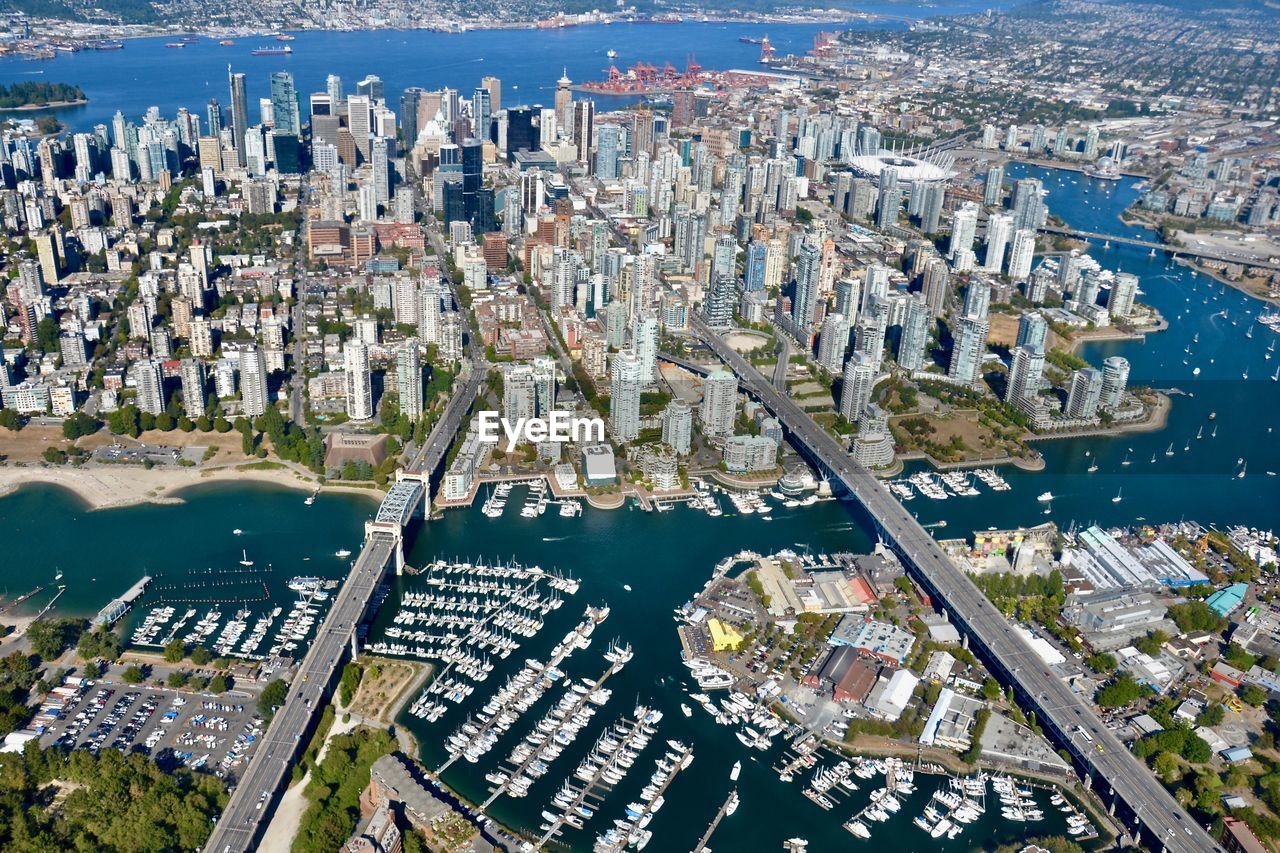 High angle view of city buildings