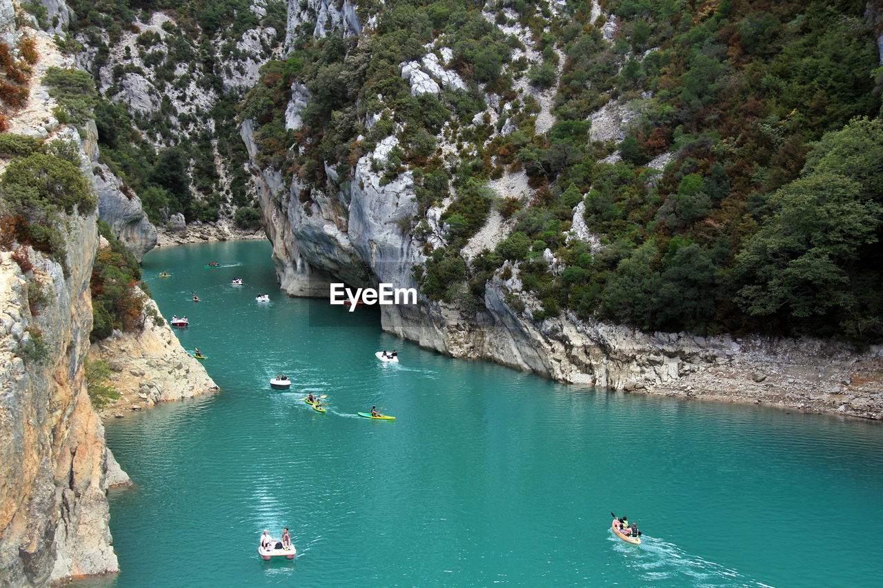 High angle view of people on boats in the verdon river gorge 