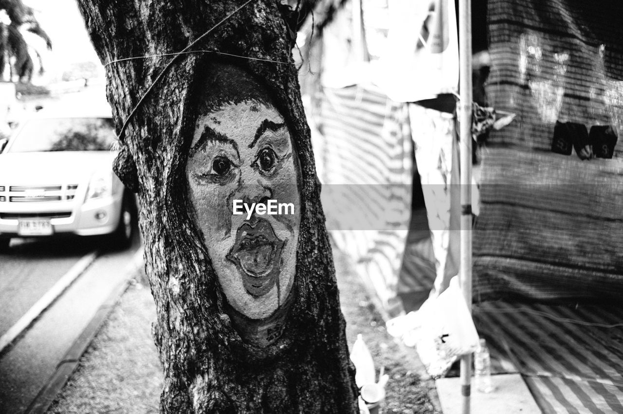 Human face on tree trunk