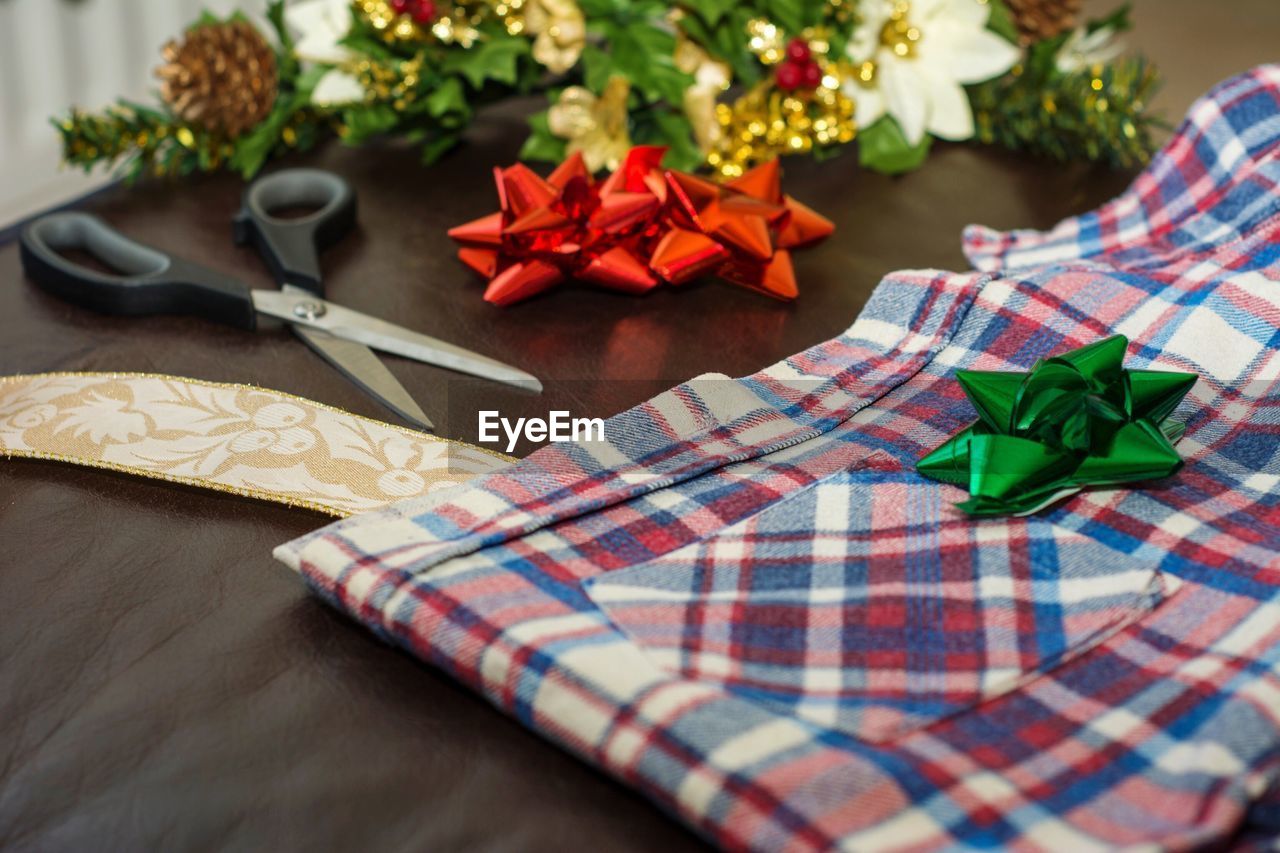 Close-up of christmas decorations on table