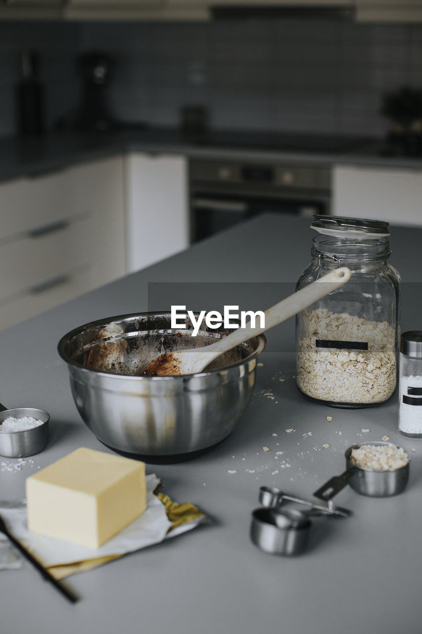 High angle view of cooking ingredients on worktop table