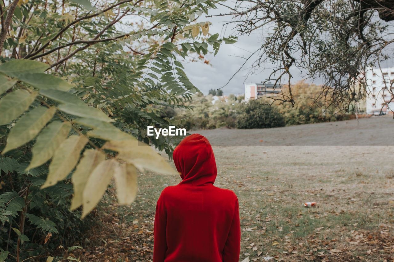 Rear view of woman against trees