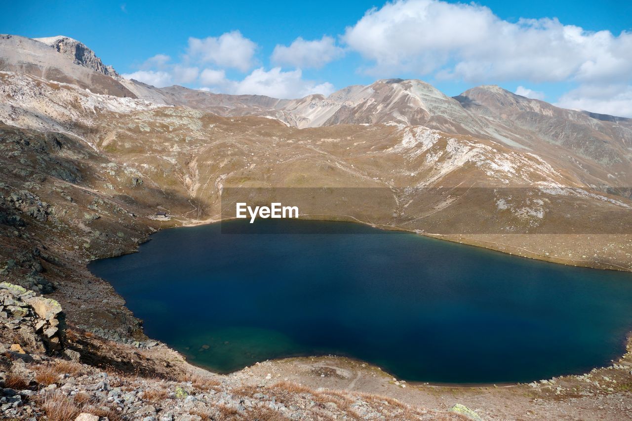 Scenic view of lake and mountains against sky