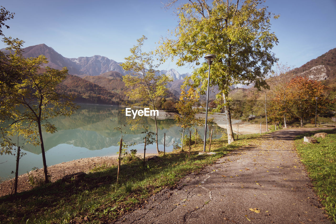 Scenic view of lake by trees against sky