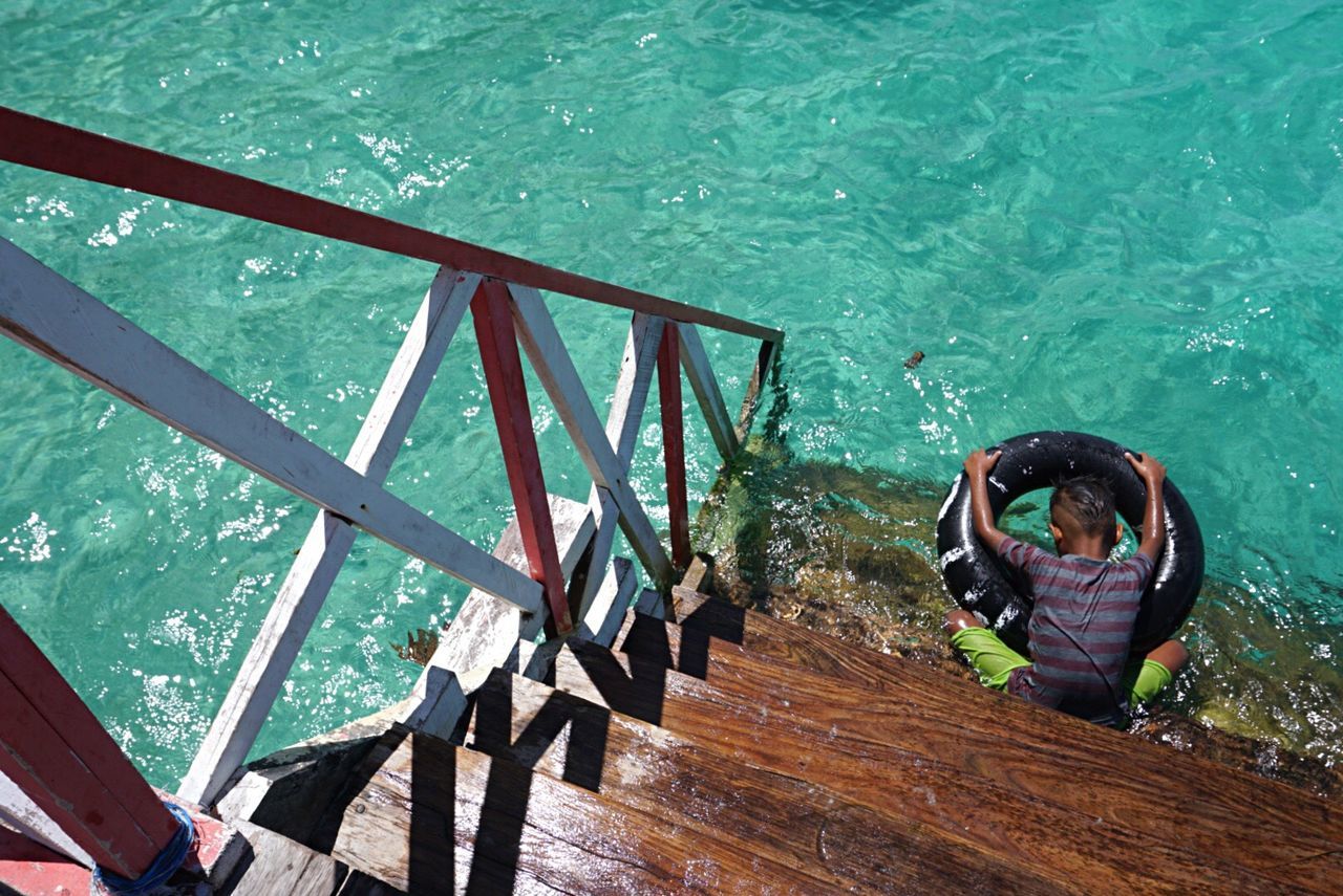 HIGH ANGLE VIEW OF CALM BLUE SEA AGAINST SKY