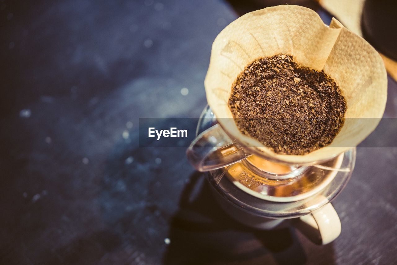 High angle view of coffee filter on table