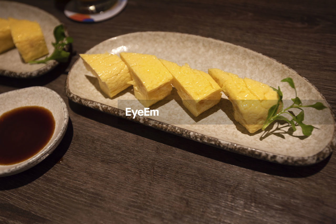 High angle view of meal served on table